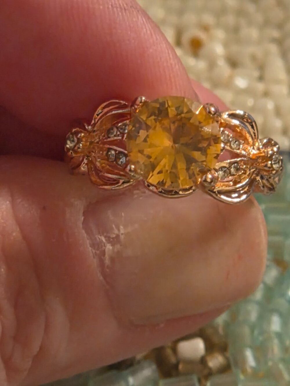 Vintage Inspired Rose gold Citrine stone filigree setting size 5